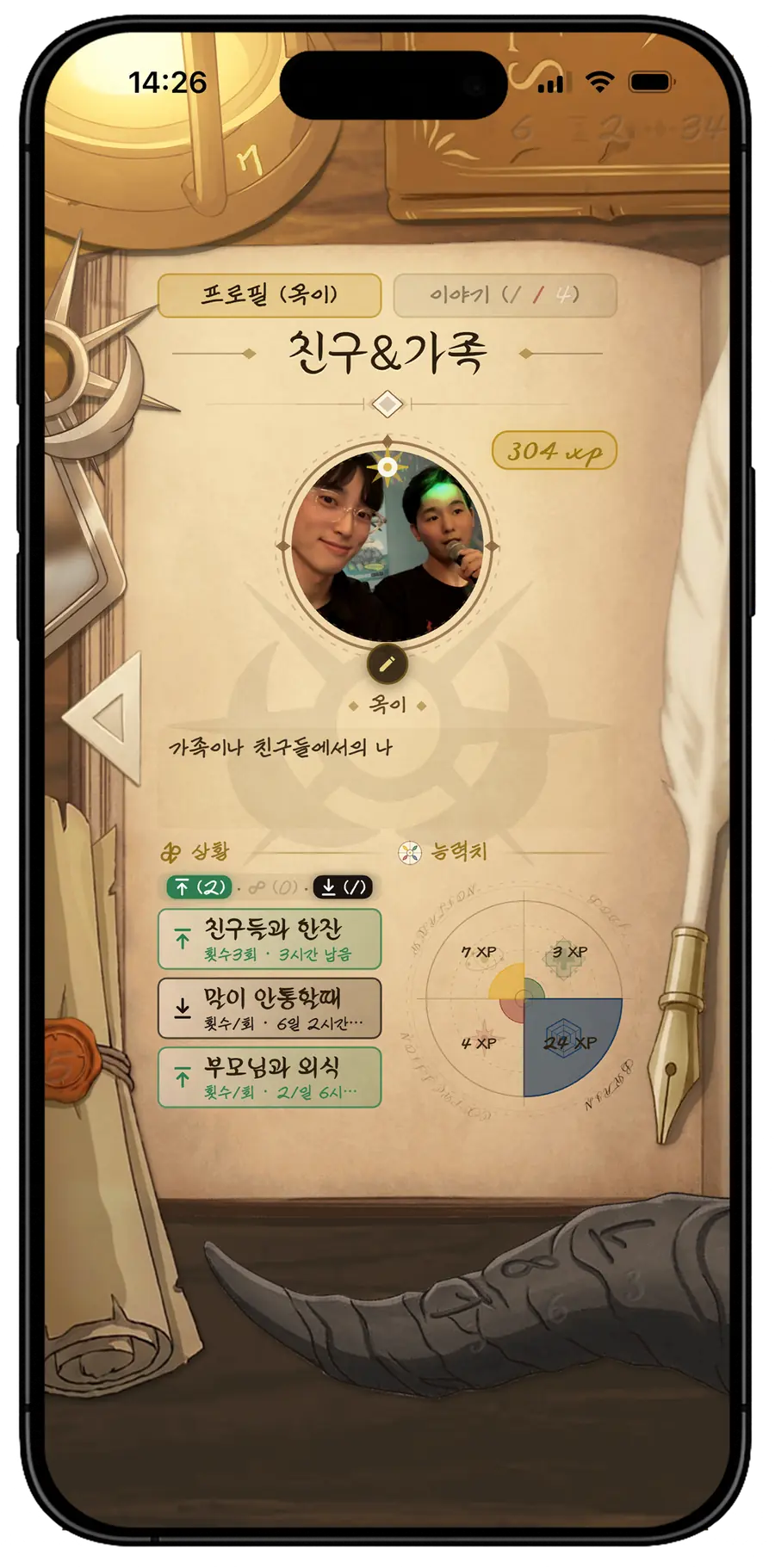 역할 '친구&가족'을 열어 본 화면. 초상과 소개 아래에 그 역할로 하는 상황과 능력치가 함께 있다.