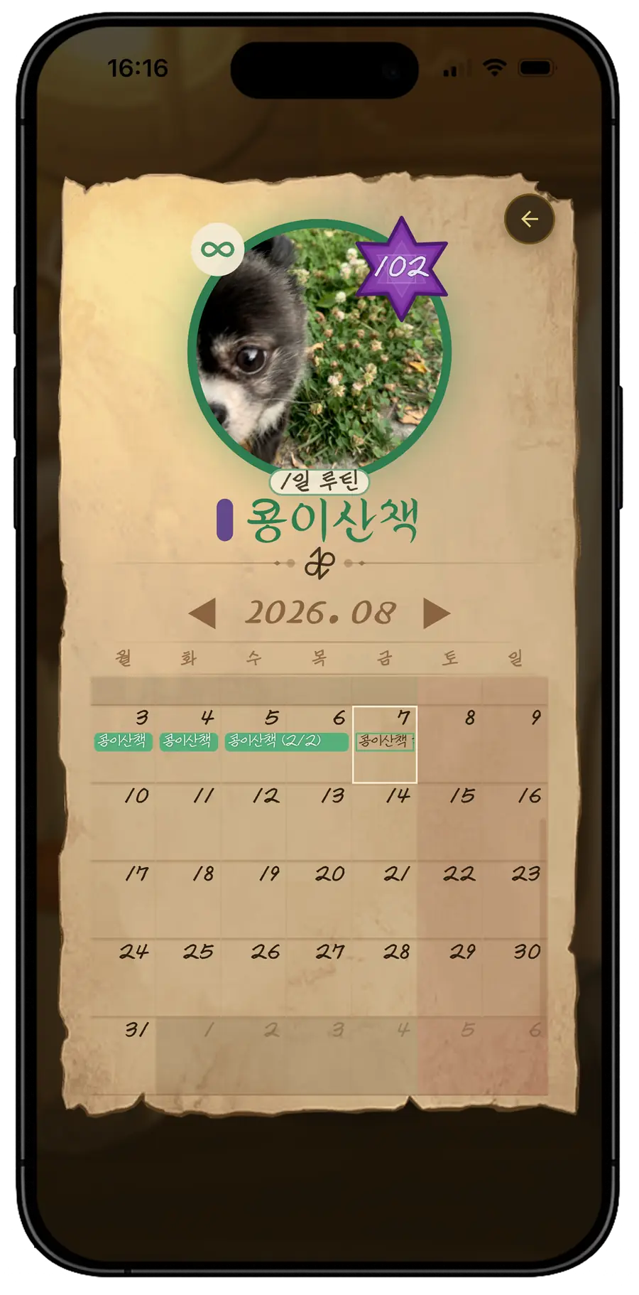 상황 하나의 달력. 그 일을 한 날들이 달 위에 표시되어 있다.