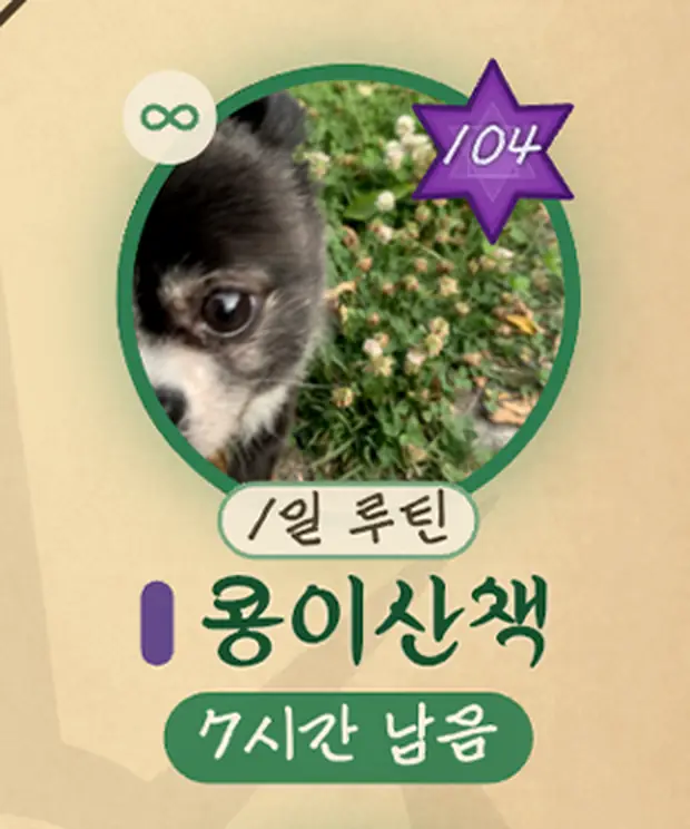 '콩이산책', 하루에 한 번 하는 루틴, 7시간 남음.